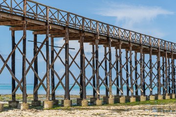 Timber piles of wooden bridge close-up during ocean low tide. Coast of island Zanzibar, Tanzania, Africa