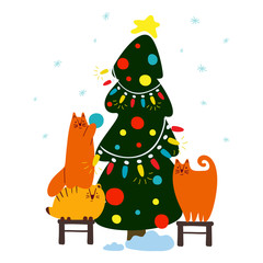 Funny cute new year vector illustration. Red cats decorate the Christmas tree. Christmas and New Year celebration concept. Christmas mood lettering. Design for cards, banners, posters, textiles.