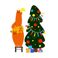Fototapeta premium Red cats decorate the Christmas tree. Christmas and New Year celebration. Christmas mood lettering. Design for cards, banners, posters, textiles.