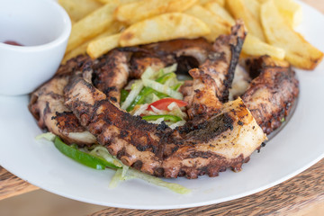 Octopus with french potato and vegetable salad, closeup