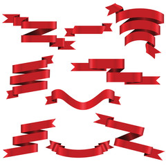 RED Ribbon Set In Isolated For Celebration And Winner Award Banner White Background, Vector Illustration