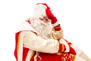 Tired Russian Santa Claus. Post-holiday period. Isolated over white background.