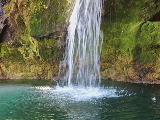 Fototapeta na wymiar Waterfalls on the Borosa River route in the Natural Park of the Sierra de Cazorla, Segura and Las Villas. In Jaén, Andalusia. Spain