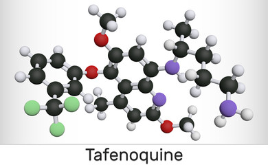 Tafenoquine drug molecule. It is used to prevent and to treat malaria. Molecular model