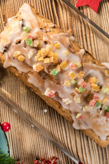 Traditional Christmas cake with candied fruit, raisins and fruits.