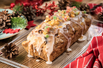 Traditional Christmas cake with candied fruit, raisins and fruits.