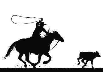 A vector silhouette of a cowboy riding a horse roping a calf.