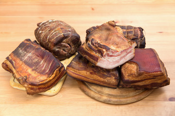 Traditionally smoked meats, ham, sausage, bacon