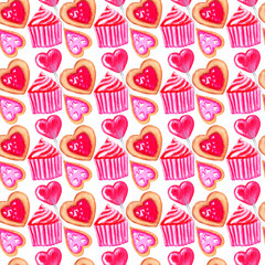 Watercolor seamless pattern for Valentine's day. Lips, heart, love, candy, cake, letter, gift and other cute hand drawn elements. For cards, stickers, fonts, scrapbooking, fabric and invitations.