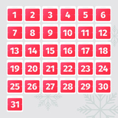 Vector illustration. Calendar icon. Calendar Date with snowflakes. Number 1. Time management.