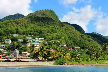 Houses and buildings along the shore and in the hills, St. Lucia, West Indies