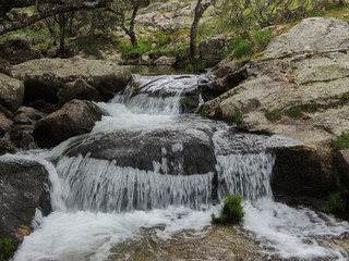 The Sunday Falls of the Aguilón or Navahondilla stream. Road to the Purgatorio waterfall in the Sierra de Guadarrama. Lozoya Valley Madrid's community.