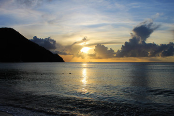 Ship on the horizon at sunset, Caribbean Sea, St. Lucia, West indies