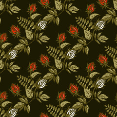 Seamless pattern with red buds of wild roses with leaves on the dark background. Decorative endless texture for greeting cards, interior, cosmetics and textiles.