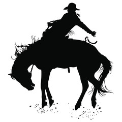 Vector silhouettes of a cowboy riding a bucking bronco horse. - obrazy, fototapety, plakaty