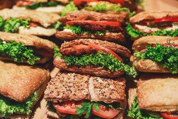 Beautifully decorated catering banquet table with different food snacks and appetizers with sandwich, on corporate christmas birthday kids party event or wedding celebration