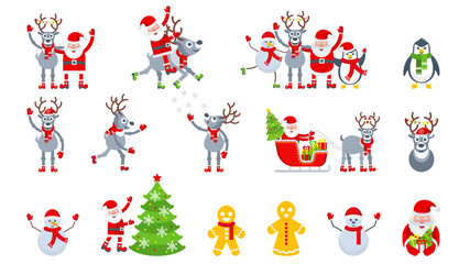 Santa Claus, penguin and snowman on a reindeer harness. Sled with gifts