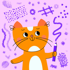Cute ginger cat holding pencil. Light purple background with different pencil strokes. Concept for children print. Vector cartoon illustration