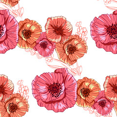 Flourish poppies pattern in line art style. Poppy flower line art. Botanical seamless vector texture. Colorful background blossoming bloomy vector. Wildflowers handcrafted artsy poppy surface design