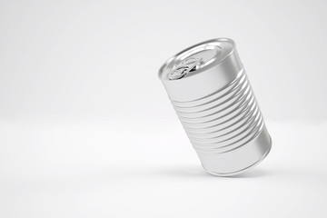 Tin can on a gray background at an angle, canned food, template for design and advertising, packaging for canning. 3d illustration.