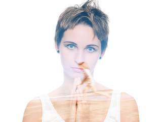 Praying sensual young woman. on white islolated, double multiple exposure effect,combined images