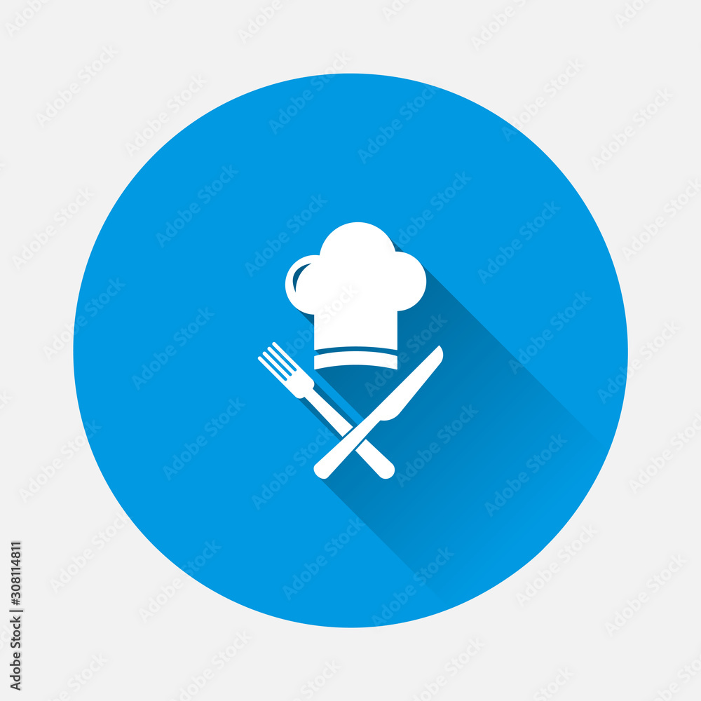 Poster chef hat with cross knife and fork vector icon icon on blue background. flat image with long shadow.