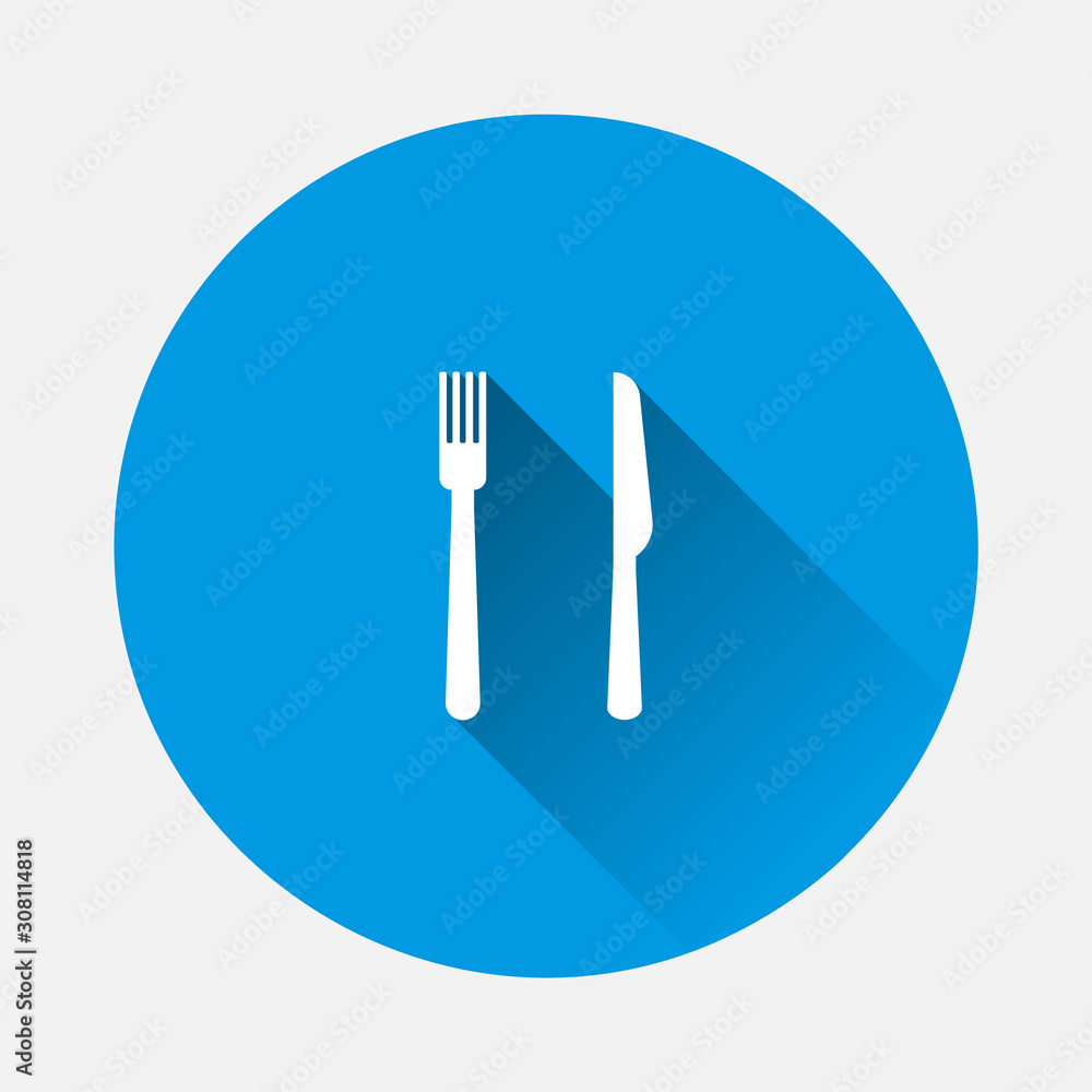 Poster fork and knife vector icon on blue background. flat image with long shadow. layers grouped for easy 