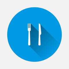 Fork and knife vector icon on blue background. Flat image with long shadow. Layers grouped for easy editing illustration. For your design.