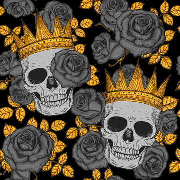 Skull of king hand drawn seamless pattern. Vector illustration. Vintage print. Crown, black roses and skull colorful illustration. Vector print. Gold crown on the head.