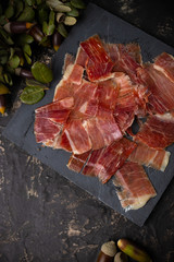 Acorn ham concept. pork product fed with oak acorns, also known in spain as black legged ham