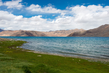 Ladakh, India - Aug 07 2019 - Pangong Lake view from Between Maan and Spangmik in Ladakh, Jammu and Kashmir, India. The Lake is an endorheic lake in the Himalayas situated at a height of about 4350m.