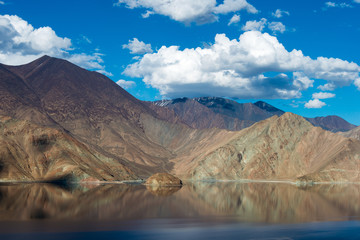 Ladakh, India - Aug 05 2019 - Pangong Lake view from Merak Village in Ladakh, Jammu and Kashmir, India. The Lake is an endorheic lake in the Himalayas situated at a height of about 4350m.
