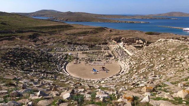 Video of iconic ancient theatre of Delos archaeological site and island, Cyclades, Greece