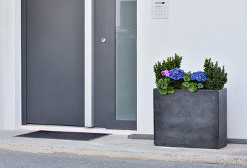 A large gray pot with a green bush and flowers in front of the entrance to the house next to the front gray door.