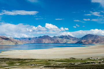 Ladakh, India - Aug 05 2019 - Pangong Lake view from Merak Village in Ladakh, Jammu and Kashmir, India. The Lake is an endorheic lake in the Himalayas situated at a height of about 4350m.