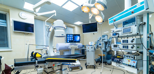 Surgery equipment and instruments in surgery operation room. instruments for microsurgery. Modern...