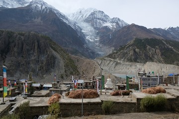 Houses in village Manang with Gangapurna glacier in background. Himalaya, Nepal. During trekking around Annapurna. 