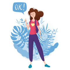 Happy teenage girl with thumb up. Student with backpack bubble OK