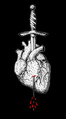 Fototapeta na wymiar The human heart is pierced with a dagger. Hand drawn vector illustration. Realistic sketch. Engraved style. Tattoo print.