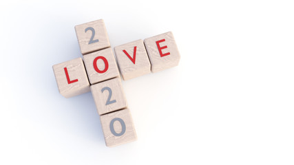 2020 NEW YEAR, 3D ILLUSTRATION OF DICES WITH WORDS 2020 AND LOVE, ISOLATED ON WHITE BACKGROUND