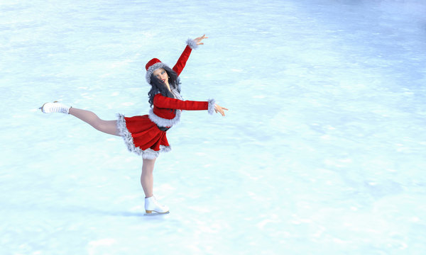 Young beautiful Santa girl skates.