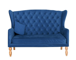 Classic Blue soft sofa with fabric upholstery isolated on white