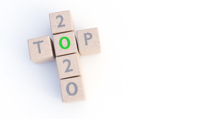 2020 NEW YEAR, 3D ILLUSTRATION OF DICES WITH WORDS 2020 AND TOP, ISOLATED ON WHITE BACKGROUND