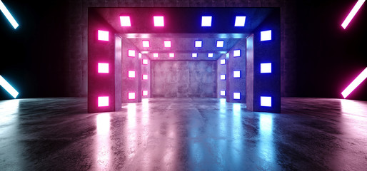 Fashion Stage Gate Corridor Tunnel Neon Retro Modern Sci Fi Futuristic Led Laser Purple Blue Glowing Concrete Grunge Reflective Hall Room Underground Club Cyber 3D Rendering