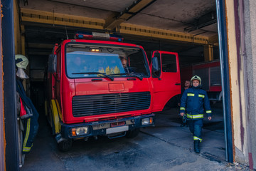 Fire engine inside the garage of the fire department