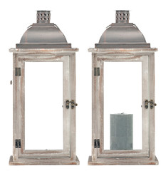 Wooden gray lanterns with green candle. Isolated image on a white background. Set. 