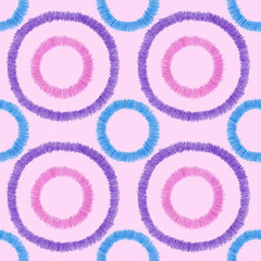 Color pencil hand drawn seamless pattern. Blue, pink, violet color circles on light rose background. Good for fabric, textile, wrapping paper, wallpaper, packaging, paper, print, etc. 