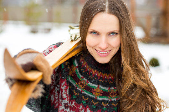 Happy Young Woman With Retro Ski Outdoors Portrait 