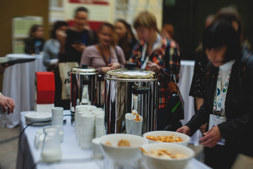 Set of coffee break in the hotel during conference meeting, with tea and coffee catering