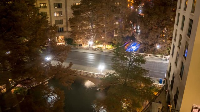 Aerial Night Time Lapse of San Antonio River Walk  From Hotel Window